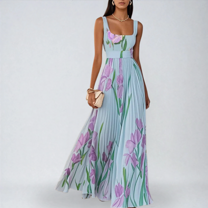 Amarèa™ | Abito Lungo in Chiffon Plissettato con Stampa Floreale